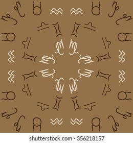 Zodiac sign , doodles, hole,taurus,capricorn,virgo,aquarius,gemini,libra, circular pattern. Hand drawn.