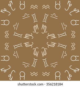 Zodiac sign , doodles, hole,taurus,capricorn,virgo,aquarius,gemini,libra, circular pattern. Hand drawn.