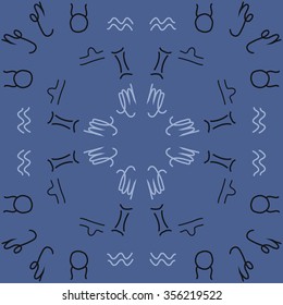 Zodiac sign , doodles, hole,taurus,capricorn,virgo,aquarius,gemini,libra, circular pattern. Hand drawn.