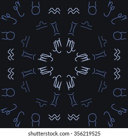 Zodiac sign , doodles, hole,taurus,capricorn,virgo,aquarius,gemini,libra, circular pattern. Hand drawn.