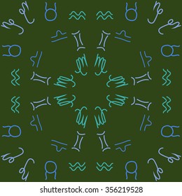 Zodiac sign , doodles, hole,taurus,capricorn,virgo,aquarius,gemini,libra, circular pattern. Hand drawn.