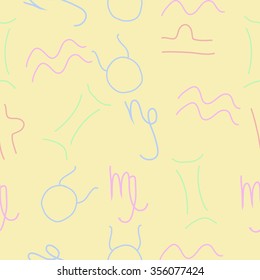 Zodiac sign , doodles, hole,taurus,capricorn,virgo,aquarius,gemini,libra, seamless pattern. Hand drawn.