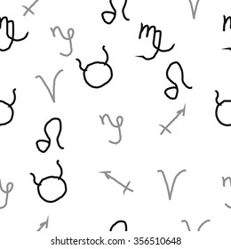 Zodiac sign , doodles, hole,taurus,capricorn,virgo,aries,sagittarius,lion, seamless pattern. Hand drawn.