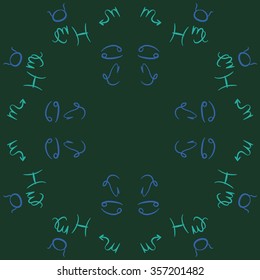 Zodiac sign , doodles, hole,taurus,capricorn,virgo,pisces, cancer,scorpio,circular pattern. Hand drawn.