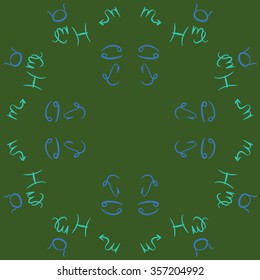 Zodiac sign , doodles, hole,taurus,capricorn,virgo,pisces, cancer,scorpio,circular pattern. Hand drawn.