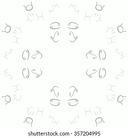 Zodiac sign , doodles, hole,taurus,capricorn,virgo,pisces, cancer,scorpio,circular pattern. Hand drawn.