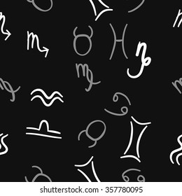 Zodiac sign , doodles, hole,taurus,capricorn,virgo,pisces, cancer,scorpio,libra, gemini,aquarius, seamless pattern. Hand drawn.