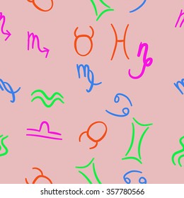 Zodiac sign , doodles, hole,taurus,capricorn,virgo,pisces, cancer,scorpio,libra, gemini,aquarius, seamless pattern. Hand drawn.