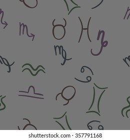 Zodiac sign , doodles, hole,taurus,capricorn,virgo,pisces, cancer,scorpio,libra, gemini,aquarius, seamless pattern. Hand drawn.