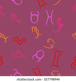 Zodiac sign , doodles, hole,taurus,capricorn,virgo,pisces, cancer,scorpio,libra, gemini,aquarius, seamless pattern. Hand drawn.