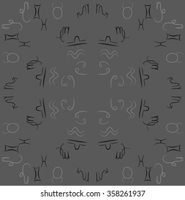 Zodiac sign , doodles, hole,taurus,capricorn,virgo,pisces, cancer,scorpio,libra, gemini,aquarius, circular pattern. Hand drawn.