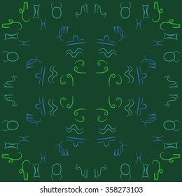 Zodiac sign , doodles, hole,taurus,capricorn,virgo,pisces, cancer,scorpio,libra, gemini,aquarius, circular pattern. Hand drawn.