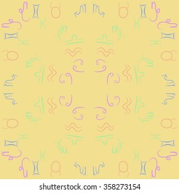 Zodiac sign , doodles, hole,taurus,capricorn,virgo,pisces, cancer,scorpio,libra, gemini,aquarius, circular pattern. Hand drawn.