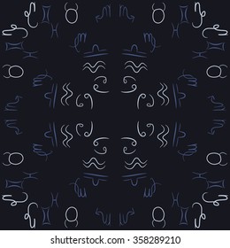 Zodiac sign , doodles, hole,taurus,capricorn,virgo,pisces, cancer,scorpio,libra, gemini,aquarius, circular pattern. Hand drawn.