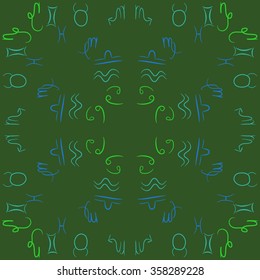 Zodiac sign , doodles, hole,taurus,capricorn,virgo,pisces, cancer,scorpio,libra, gemini,aquarius, circular pattern. Hand drawn.