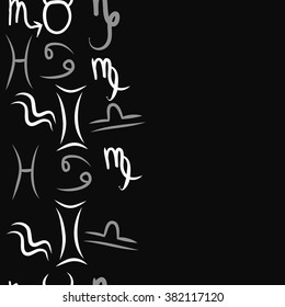 Zodiac sign , doodles, hole,taurus,capricorn,virgo,pisces, cancer,scorpio,libra, gemini,aquarius, vertical seamless pattern. Hand drawn.