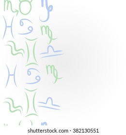 Zodiac sign , doodles, hole,taurus,capricorn,virgo,pisces, cancer,scorpio,libra, gemini,aquarius, vertical  pattern. Hand drawn.