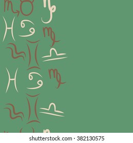 Zodiac sign , doodles, hole,taurus,capricorn,virgo,pisces, cancer,scorpio,libra, gemini,aquarius, vertical seamless pattern. Hand drawn.