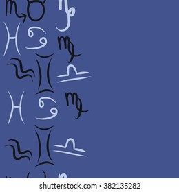 Zodiac sign , doodles, hole,taurus,capricorn,virgo,pisces, cancer,scorpio,libra, gemini,aquarius, vertical seamless pattern. Hand drawn.