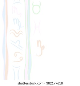 Zodiac sign , doodles, hole,taurus,capricorn,virgo,pisces, cancer,scorpio,libra, gemini,aquarius,stripes, spots, vertical seamless pattern. Hand drawn.