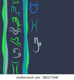 Zodiac sign , doodles, hole,taurus,capricorn,virgo,pisces, cancer,scorpio,libra, gemini,aquarius,stripes, spots, vertical seamless pattern. Hand drawn.