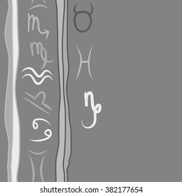 Zodiac sign , doodles, hole,taurus,capricorn,virgo,pisces, cancer,scorpio,libra, gemini,aquarius,stripes, spots, vertical seamless pattern. Hand drawn.