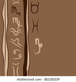 Zodiac sign , doodles, hole,taurus,capricorn,virgo,pisces, cancer,scorpio,libra, gemini,aquarius,stripes, spots, vertical seamless pattern. Hand drawn.