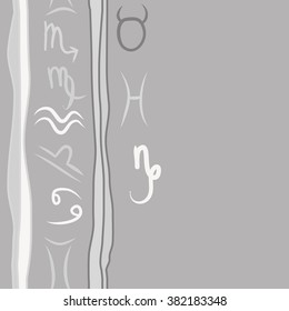 Zodiac sign , doodles, hole,taurus,capricorn,virgo,pisces, cancer,scorpio,libra, gemini,aquarius,stripes, spots, vertical seamless pattern. Hand drawn.
