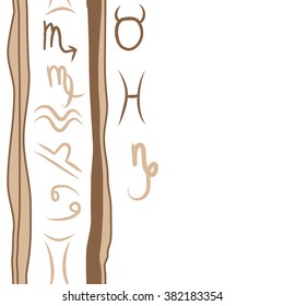 Zodiac sign , doodles, hole,taurus,capricorn,virgo,pisces, cancer,scorpio,libra, gemini,aquarius,stripes, spots, vertical seamless pattern. Hand drawn.