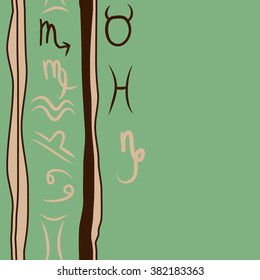 Zodiac sign , doodles, hole,taurus,capricorn,virgo,pisces, cancer,scorpio,libra, gemini,aquarius,stripes, spots, vertical seamless pattern. Hand drawn.