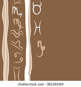 Zodiac sign , doodles, hole,taurus,capricorn,virgo,pisces, cancer,scorpio,libra, gemini,aquarius,stripes, spots, vertical seamless pattern. Hand drawn.