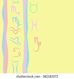 Zodiac sign , doodles, hole,taurus,capricorn,virgo,pisces, cancer,scorpio,libra, gemini,aquarius,stripes, spots, vertical seamless pattern. Hand drawn.