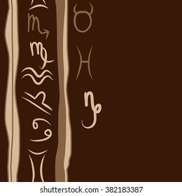 Zodiac sign , doodles, hole,taurus,capricorn,virgo,pisces, cancer,scorpio,libra, gemini,aquarius,stripes, spots, vertical seamless pattern. Hand drawn.