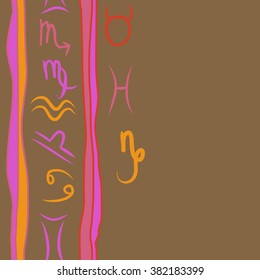 Zodiac sign , doodles, hole,taurus,capricorn,virgo,pisces, cancer,scorpio,libra, gemini,aquarius,stripes, spots, vertical seamless pattern. Hand drawn.