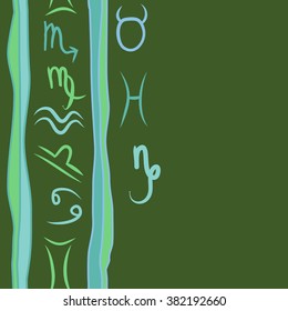 Zodiac sign , doodles, hole,taurus,capricorn,virgo,pisces, cancer,scorpio,libra, gemini,aquarius,stripes, spots, vertical seamless pattern. Hand drawn.