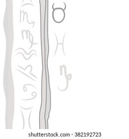 Zodiac sign , doodles, hole,taurus,capricorn,virgo,pisces, cancer,scorpio,libra, gemini,aquarius,stripes, spots, vertical seamless pattern. Hand drawn.