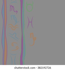 Zodiac sign , doodles, hole,taurus,capricorn,virgo,pisces, cancer,scorpio,libra, gemini,aquarius,stripes, spots, vertical seamless pattern. Hand drawn.