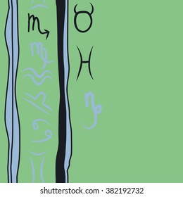 Zodiac sign , doodles, hole,taurus,capricorn,virgo,pisces, cancer,scorpio,libra, gemini,aquarius,stripes, spots, vertical seamless pattern. Hand drawn.