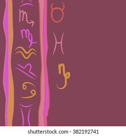 Zodiac sign , doodles, hole,taurus,capricorn,virgo,pisces, cancer,scorpio,libra, gemini,aquarius,stripes, spots, vertical seamless pattern. Hand drawn.