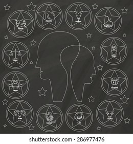 Zodiac sign drawn with chalk on blackboard surrounded a middle man.