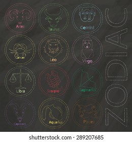 Zodiac sign drawn with colors chalk on blackboard 