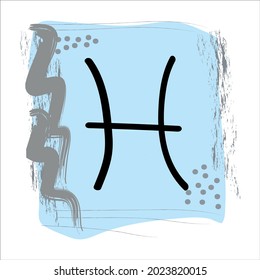 zodiac sign fish on icon with boho spots and brush strokes in blue pastel colors