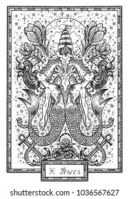 Zodiac sign Fish of Pisces with crocus flower, old ship and happy numbers. Hand drawn fantasy graphic vector illustration in frame. Black and white doodle mystic drawing with engraved horoscope symbol