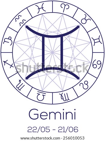 Zodiac sign - Gemini. Astrological chart with symbols in wheel with polygonal background. Deep blue color with caption and dates. Vector illustration.