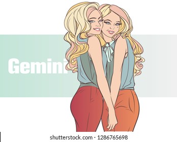 Zodiac sign Gemini. Beautiful girl with with curls. Zodiac constellation. Template for banner website.