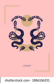 Zodiac sign Gemini in boho style on the pink background. Trendy vector illustration.