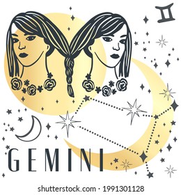 Zodiac sign Gemini in boho style. Trendy vector illustration. Creative decorative elegant astrology zodiac emblem template for logo. magical  art symbol or label. Horoscope sign line art silhouette