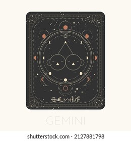 Zodiac sign Gemini card. Astrological horoscope symbol with moon phases. Graphic gold icon on a black background. Vector line art illustration