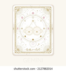Zodiac sign Gemini card. Astrological horoscope symbol with moon phases. Graphic gold icon on a white background. Vector line art illustration