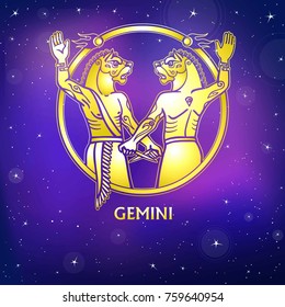 Zodiac sign Gemini. Character of Sumerian mythology. Gold imitation. Vector illustration. Background - the night star sky.
